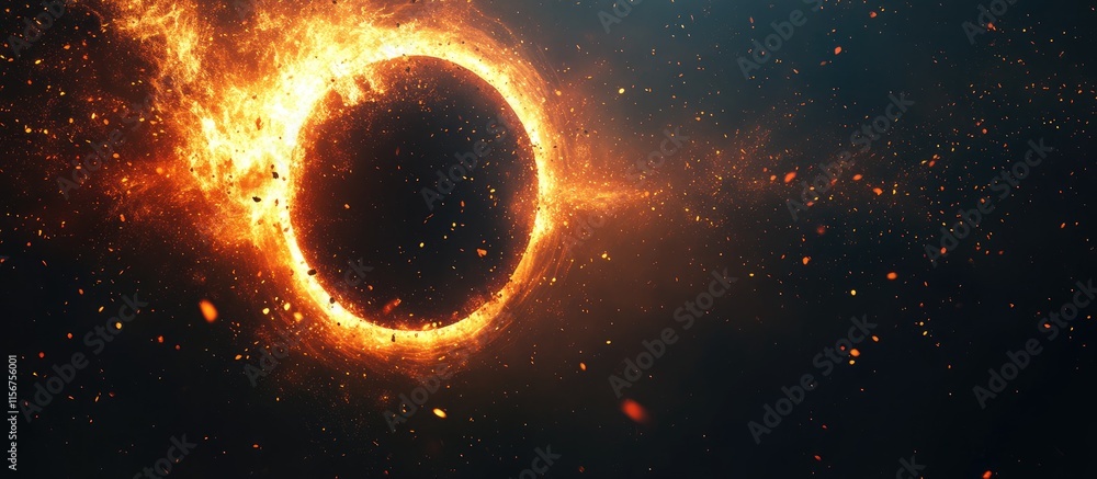 Poster glowing particles surrounding a black hole vortex in deep space with ample room for text integration