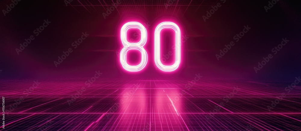 Poster neon number 80 glowing on a dark grid background with vibrant pink hues and ample space for customiz