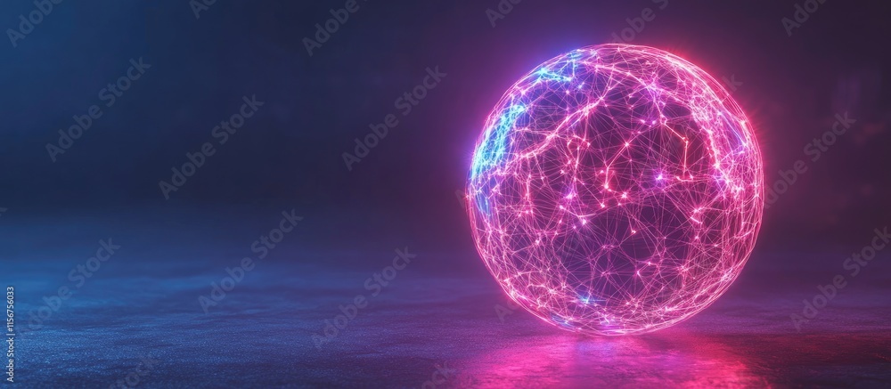 Poster Vibrant glowing network sphere with dynamic connections on a dark background creating space for customizable text or branding elements.