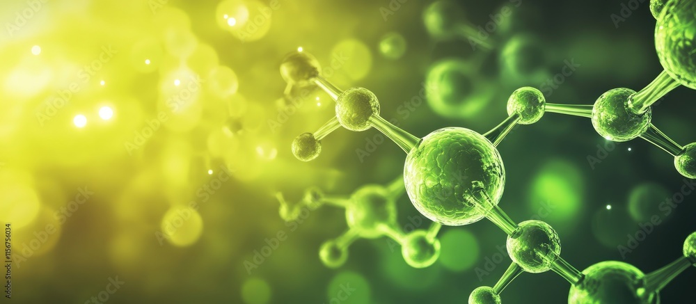 Poster dynamic neon green molecular structure with vibrant background and blank space for text placement in