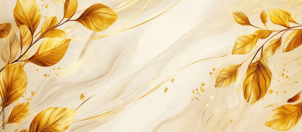 Poster gold leaf abstract pattern on marble texture with soft background and blank area for custom text or 