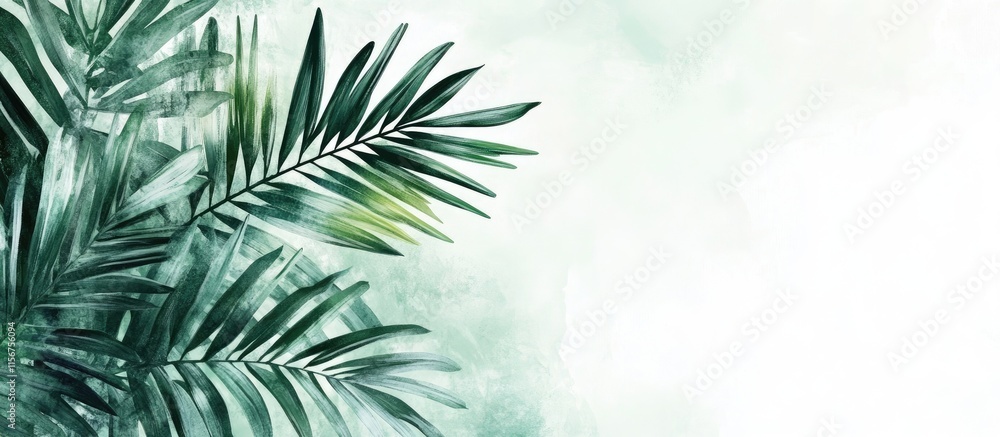 Poster tropical palm leaves bouquet underwater abstract background with soft brush strokes and blank space 