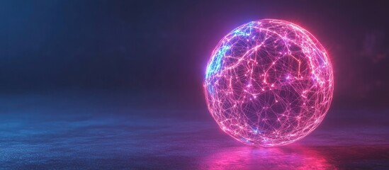 Naklejka premium Vibrant glowing network sphere with dynamic connections on a dark background creating space for customizable text or branding elements.