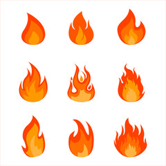Set of fire icons. Flame design of different shapes. Simple vector flame icons in flat style.