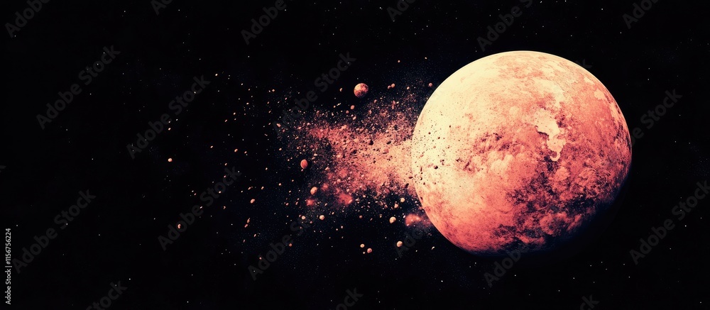 Poster planetary explosion in deep space with an expansive area for text placement and vibrant cosmic debri
