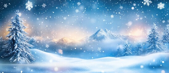Naklejka premium Majestic snowy mountain peak in a serene winter landscape surrounded by mist and falling snowflakes with ample space for text or content