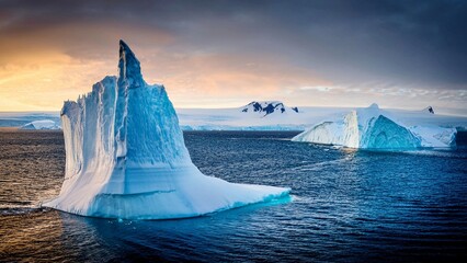 Floating Glacial Icebergs at Twilight. captures the serene beauty of majestic icebergs drifting in calm, The scene is bathed in a soft, ethereal light as the setting sun casts. global warming effects
