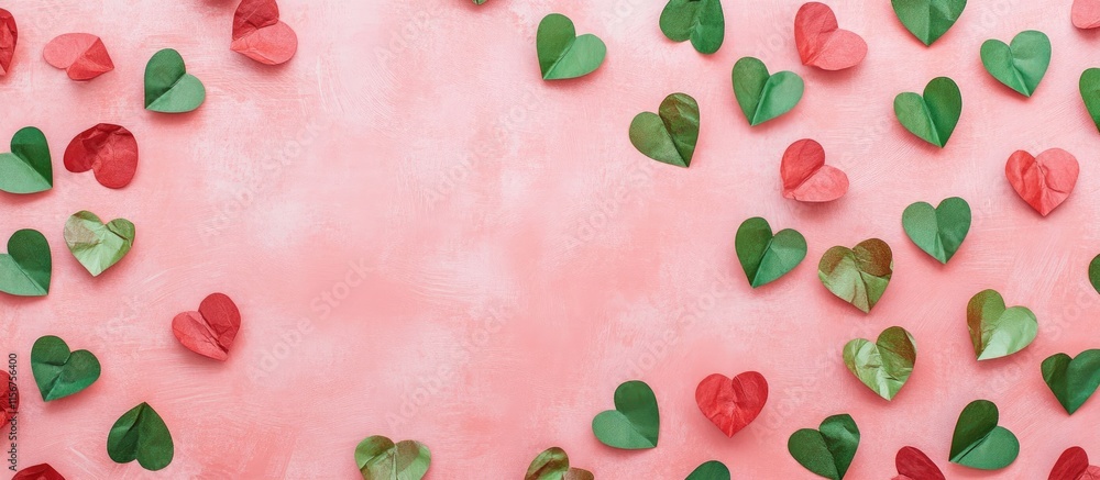 Poster valentine's day themed flat lay of green and red paper hearts on a soft pink background with empty s