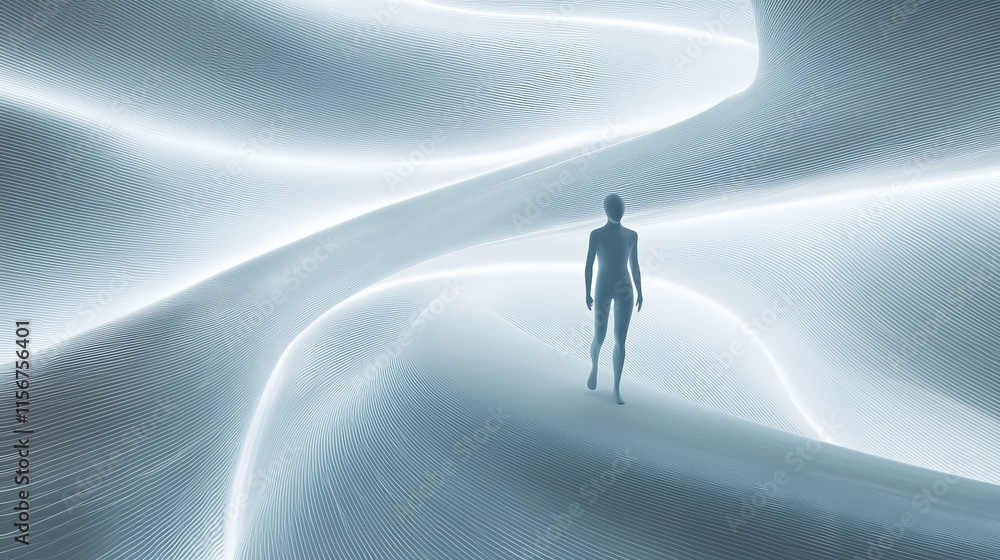 Aufkleber a figure walking through abstract illuminated patterns.