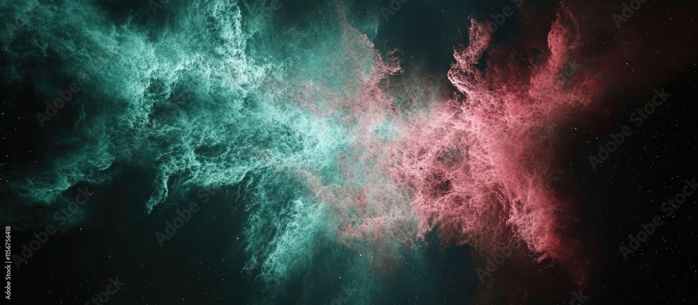 Poster vibrant green and pink nebula in outer space with expansive empty space for text or graphics ideal f