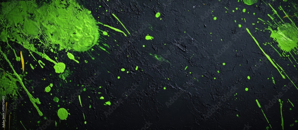Poster textured green and black paint splatter background with ample space for text and creative overlay ap