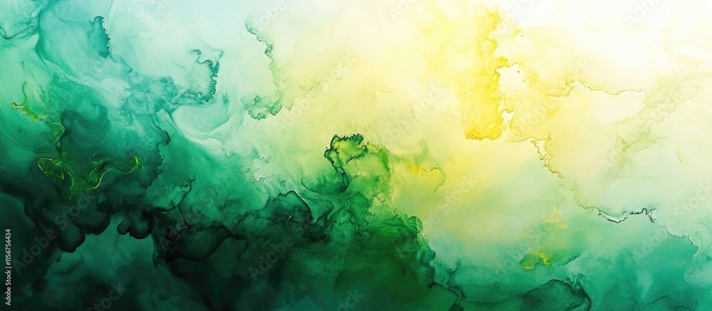 Poster vibrant green and yellow fluid ink art creating a cosmic sky landscape with ample space for text and