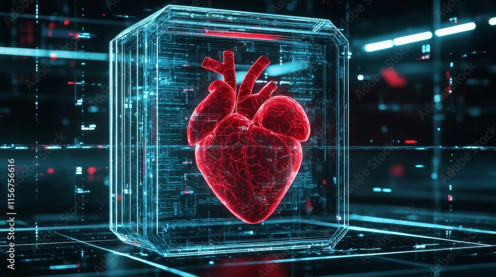 Aufkleber digital heart model inside a transparent cube in a futuristic setting.