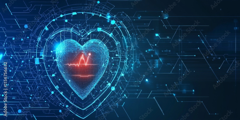Aufkleber digital heart with data visualizations and heartbeat pulse in a tech-inspired design.