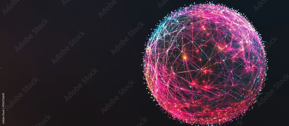 Poster Vibrant glowing network sphere with interconnected lines representing data flow and space for text placement on dark background
