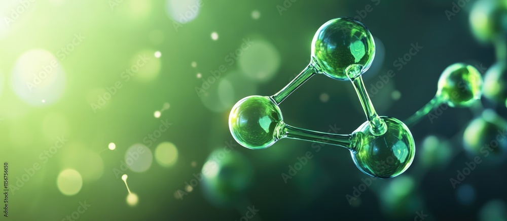 Poster dynamic neon green molecular structures with glowing effects and room for text overlay in abstract b