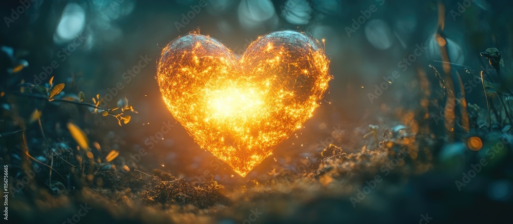 Poster glowing heart symbol surrounded by nature creating a magical atmosphere with space for personalized 