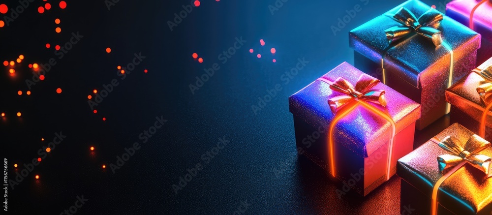 Poster illuminated neon gift boxes on dark background creating festive atmosphere with space for custom tex