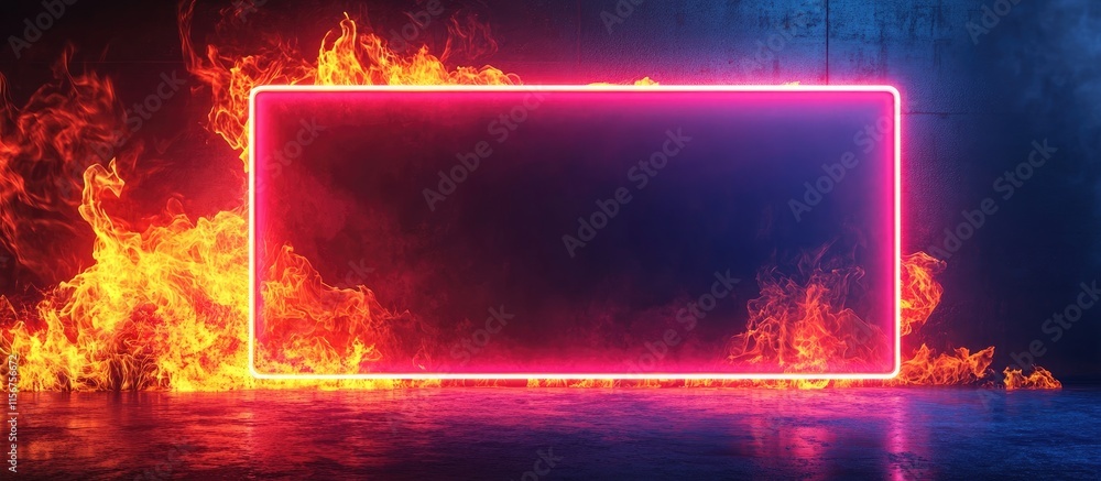 Aufkleber neon frame surrounded by flames in dark space creating a vibrant backdrop for text or advertising.