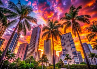 Sunset Cityscape Palm Trees Worm's Eye View - Urban Jungle Panorama