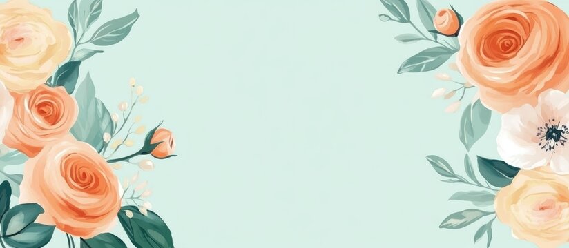 Floral design with peach roses on mint background ideal for blog headers or postcard templates featuring space for personalized text