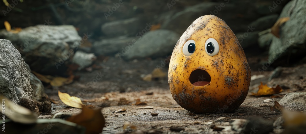 Poster adorable extraterrestrial potato character with expressive features and empty space for text in a na