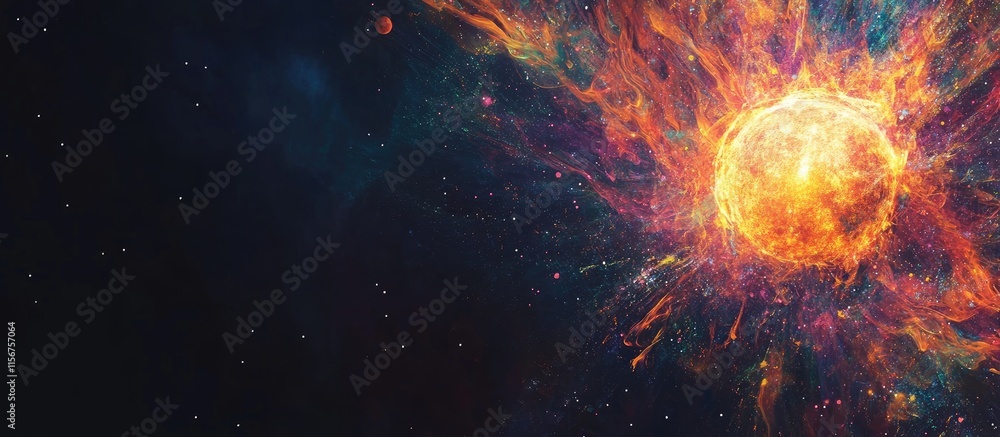 Poster dramatic cosmic explosion of a planet in deep space with ample empty space for inserting text or add