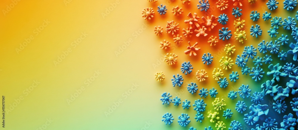 Poster close up of colorful flu viruses on a gradient background with empty space for text, ideal for medic