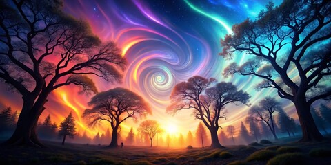 Surreal Enchanted Forest Silhouette Photography: Swirling Trees, Mystical Sky