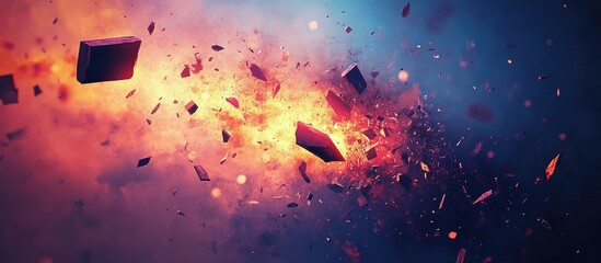 Vibrant explosion with flying fragments and customizable blank space for text in a dynamic cosmic background