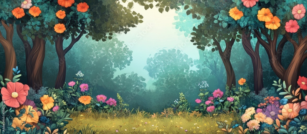 Aufkleber serene forest landscape filled with colorful flowers and ample copy space perfect for adding text or