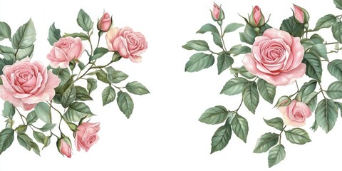 Delicate pink roses and lush green leaves framed by empty space for elegant text or announcements in a beautiful arrangement