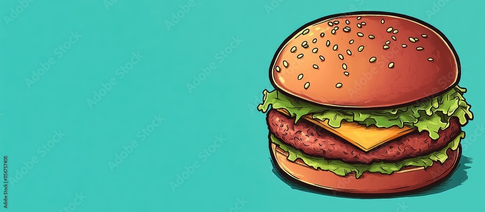 Poster vibrant large hamburger illustration with fresh ingredients and empty space for customizable text or