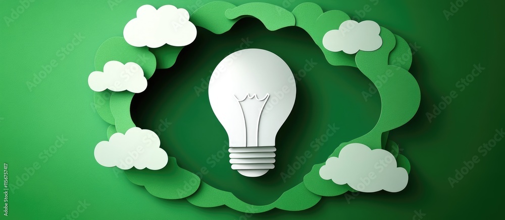 Poster eco-friendly light bulb design with paper clouds and empty space for text on a green background show