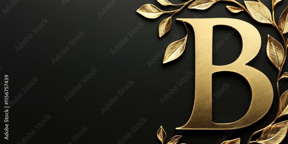 Poster elegant gold leaf letter b design with decorative elements and copy space for custom text on dark ba