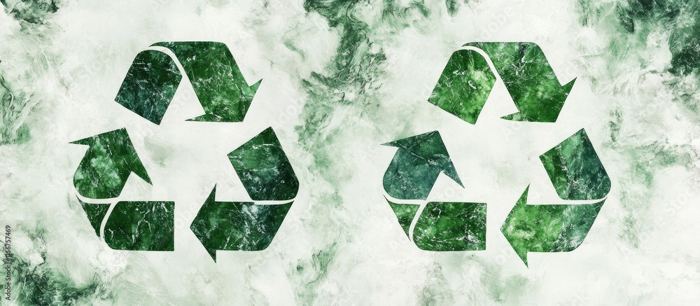 Poster marbled green and white background with recycling symbols for postcards and messages featuring ample
