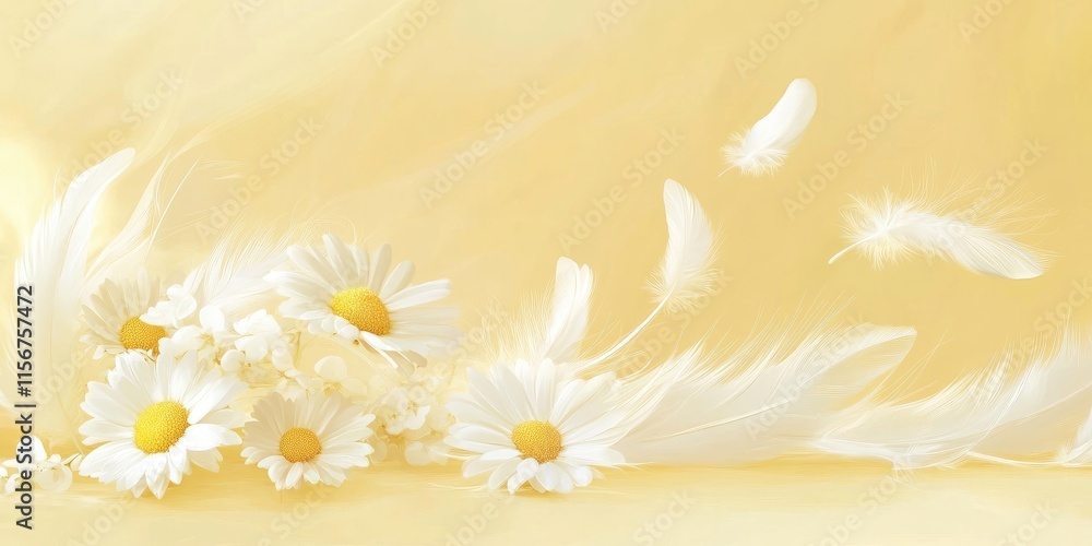 Poster elegant daisy and feather arrangement on soft yellow background with soothing tones providing ample 