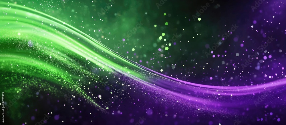 Poster Vibrant green and purple abstract background with sparkles and blurred lights ideal for text overlay and creative projects