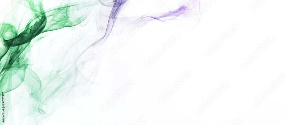Poster colorful abstract wispy smoke design in green and purple on a white background creating space for te