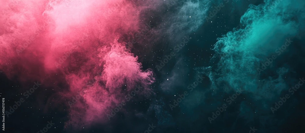 Poster vibrant green and pink nebula in outer space with dark backdrop and ample space for text overlay or 
