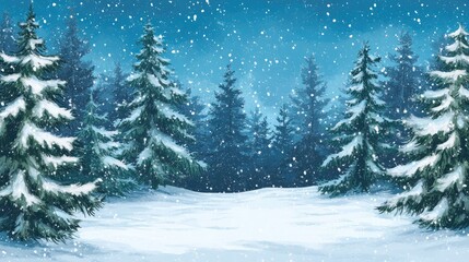 Obraz premium Snowy Evergreen Pine Forest Landscape with Falling Snowflakes and Empty Space for Text or Graphics in a Winter Setting