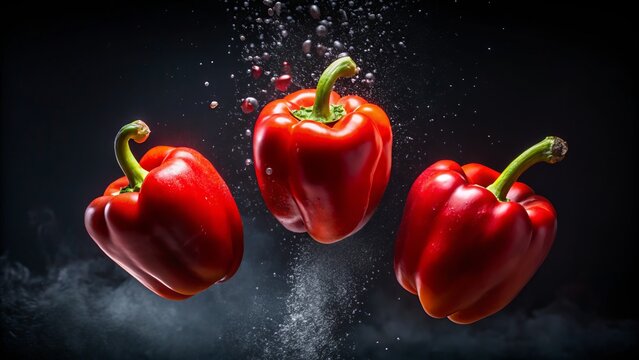 Three Red Bell Peppers Flying Action Shot - Black Background - Vibrant Produce Photography