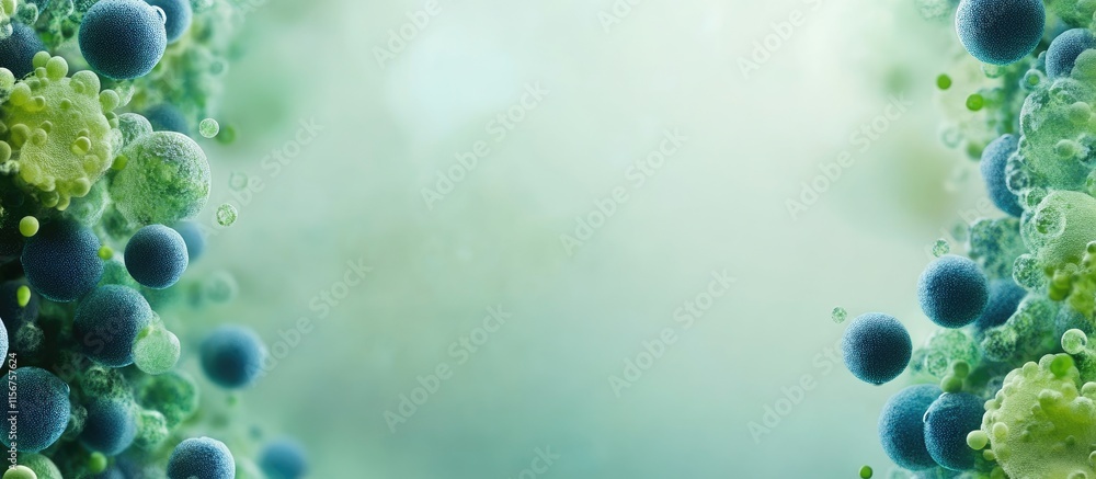 Poster colorful algae and bacteria abstract background with copy space for text in green and blue tones