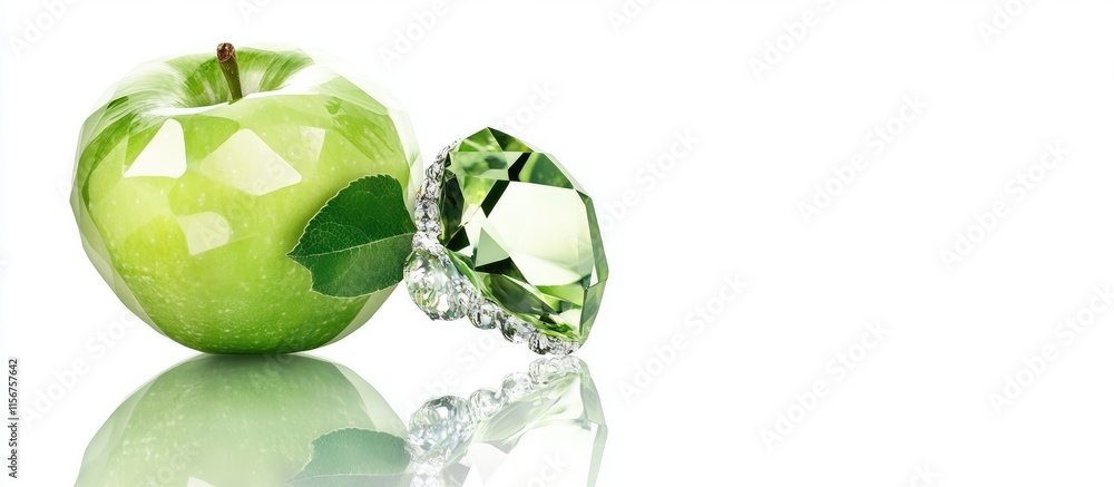 Poster green apple and gemstone reflection on white background with space for text and design elements