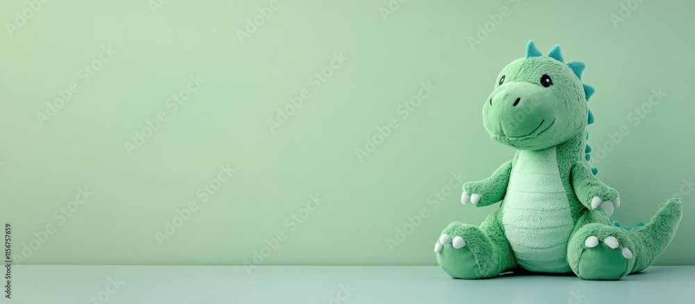 Poster green dinosaur plush toy on a soft pastel background with ample empty space for customizable text or