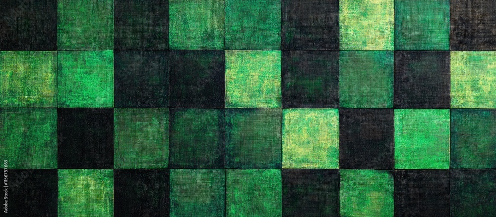 Poster modern green and black checkered mosaic texture with contrasting lines and empty space for text or g