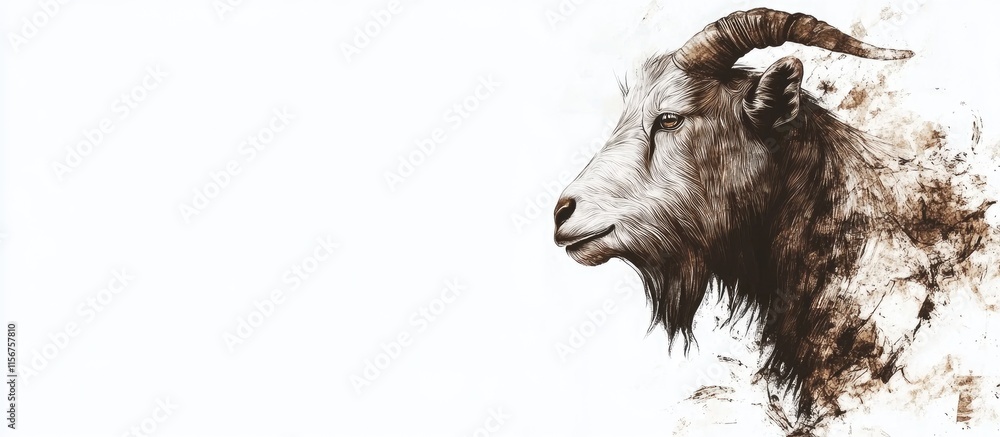 Poster goat portrait isolated on a plain white background with ample negative space for text and design ele