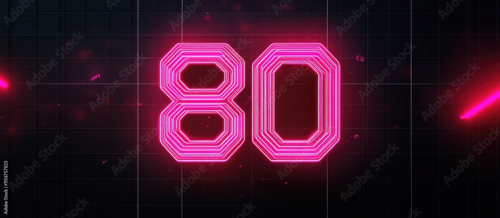 Poster glowing pink neon number 80 on a dark abstract grid background with space for text or branding eleme