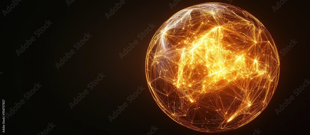 Poster Vibrant glowing network sphere with dynamic connections and space for customizable text in a dark background setting