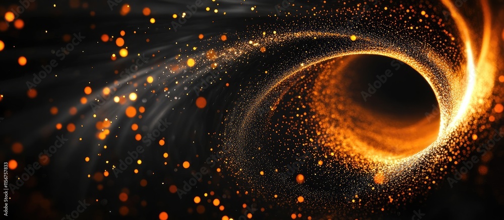 Poster glowing particles swirling in a black hole vortex creating a cosmic backdrop with space for text or 